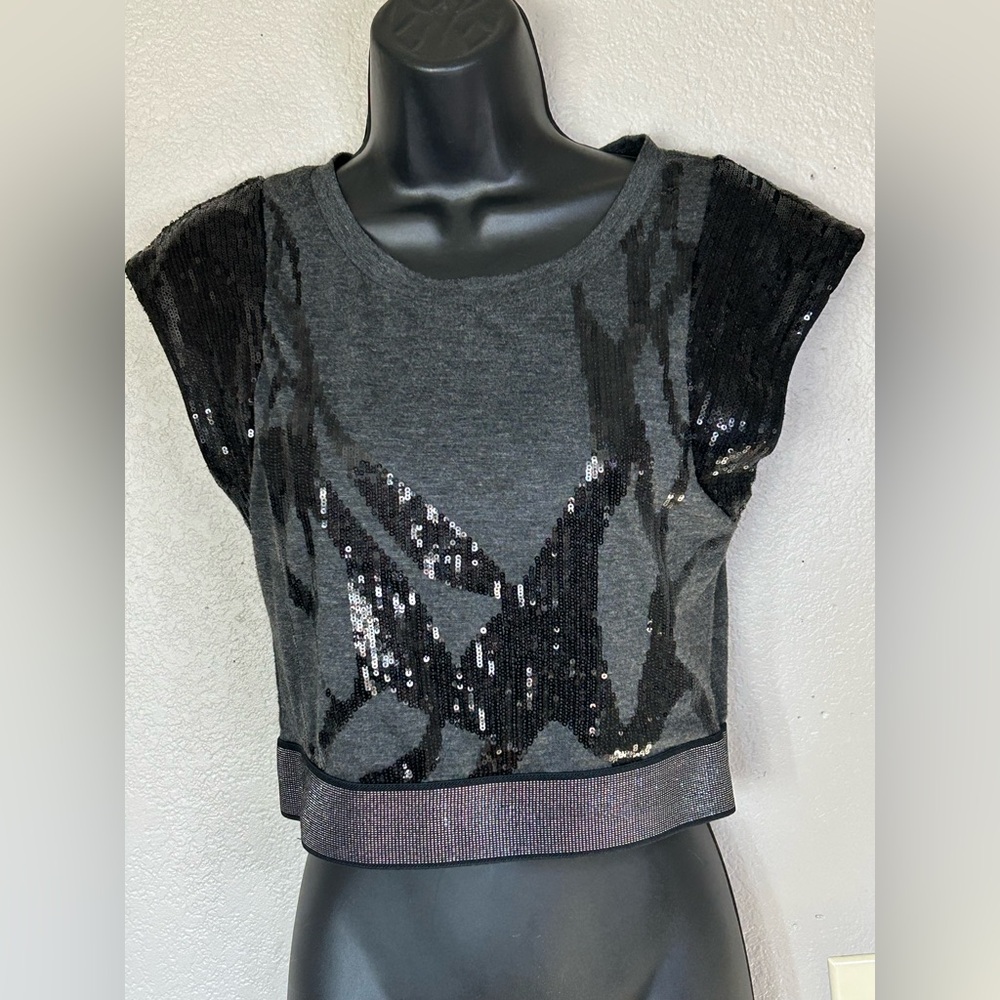 Miss Me Black and Gray Sequin Embellished Crop Top Party Club BOHO Sz M